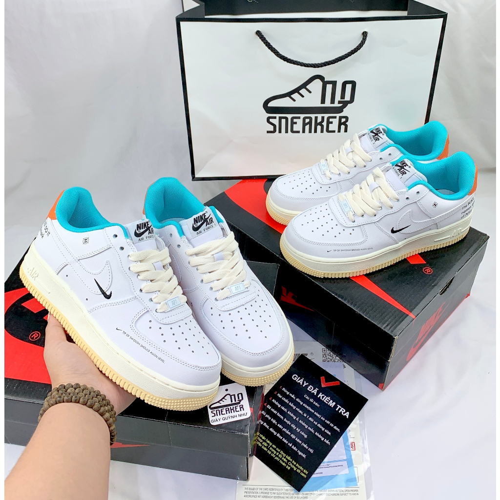Giày Thể Thao Nam Nữ Quỳnh Như AF1 Trắng Cổ Xanh Gót Cam - Rep 11 TRUNG CỰC HOT BẢN SỊN