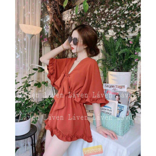 Jum đùi bèo cổ chữ V có nơ trước ngực, Set bộ 2 món áo tay bèo kèm quần ngắn siêu xinh cho mấy nàng