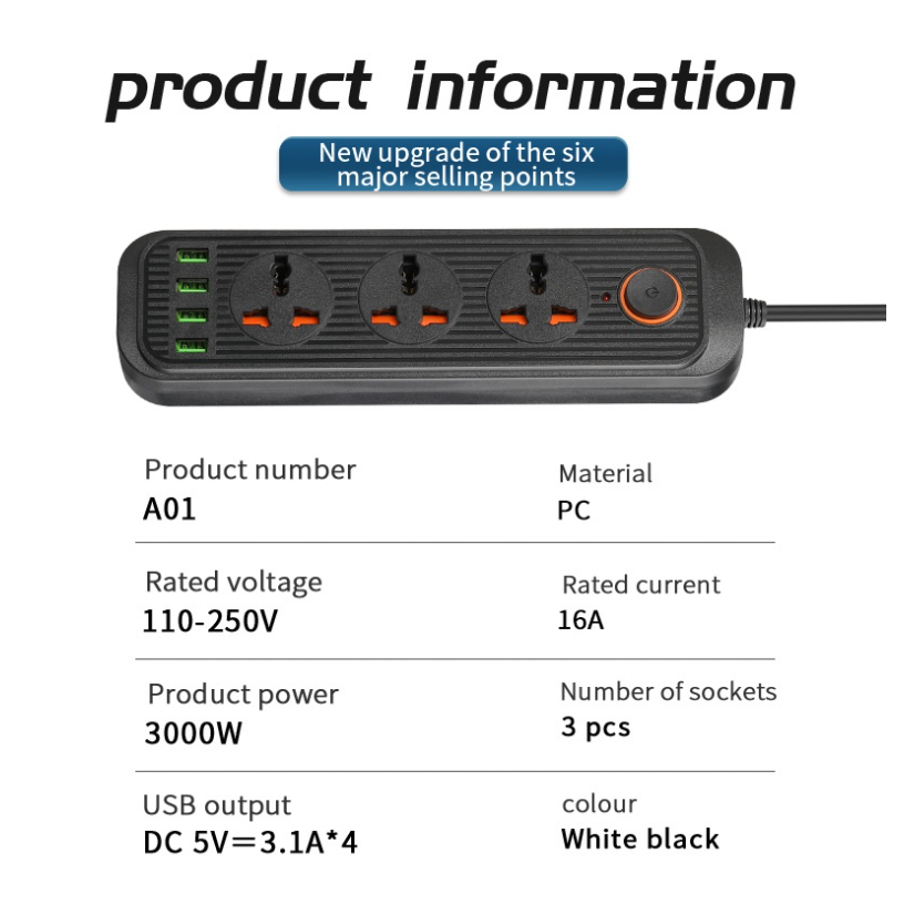 Ổ cắm điện, Ổ Cắm điện thông minh POWER A01 EU Hỗ trợ sạc nhanh 3.1A - Với 4 Cổng USB Chính Hãng