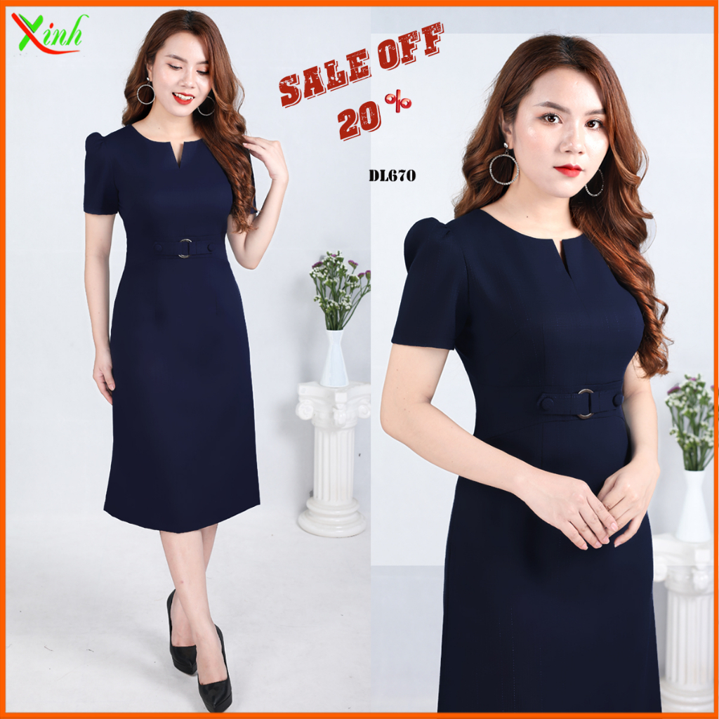 Đầm Suông Xanh Đen Phối Khuy Che Bụng Béo DL670