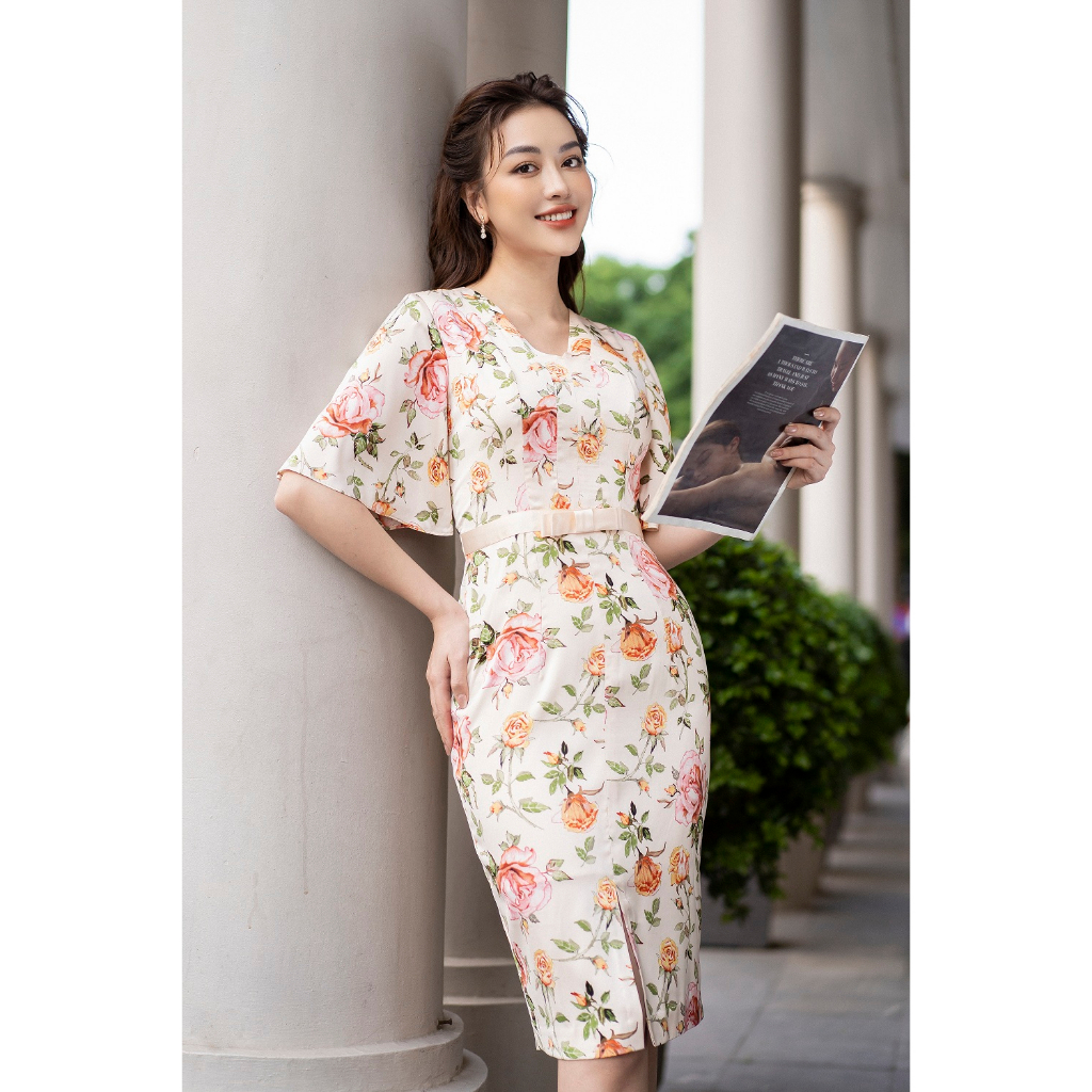 Váy Lụa Hoa Hồng Nơ Eo Lụa Hàn Cao Cấp Ly Bui