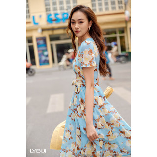 Váy lụa xanh hoa nâu xếp li nơ eo Ly Bui AT29-XANH