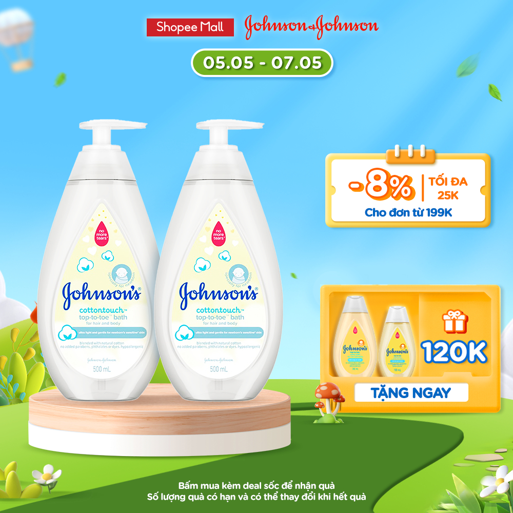 Combo 2 Chai Sữa Tắm Gội Toàn Thân Mềm Mịn Johnson' Baby Bath Cotton Touch 500mlx2