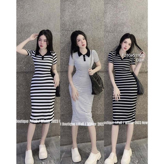Đầm thun body kẻ sọc cổ bẻ tay con