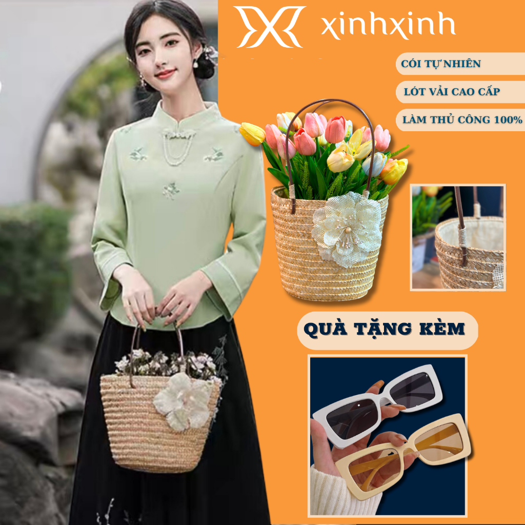 Túi cói đi biển hoa trà cỡ trung xinh xắn dễ thương - Xinh Xinh Accessories