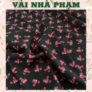 Lụa cát hoa nhí đỏ nền đen-khổ 1.5m-vải nhà phạm