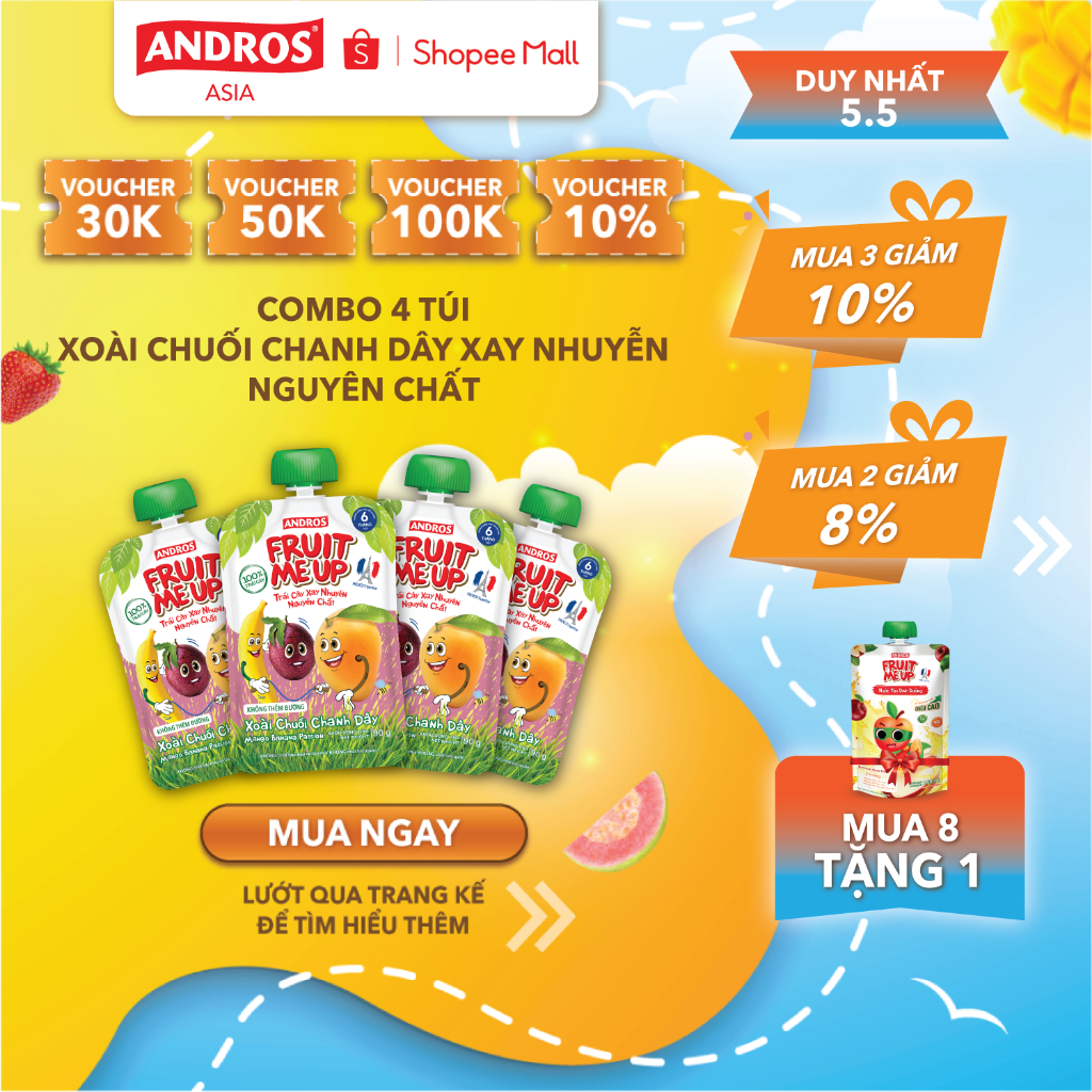 Combo 4 Túi Trái Cây Xay Nhuyễn Vị Xoài chuối chanh dây - 100% trái cây thật - ANDROS FRUIT ME UP - 90gx4
