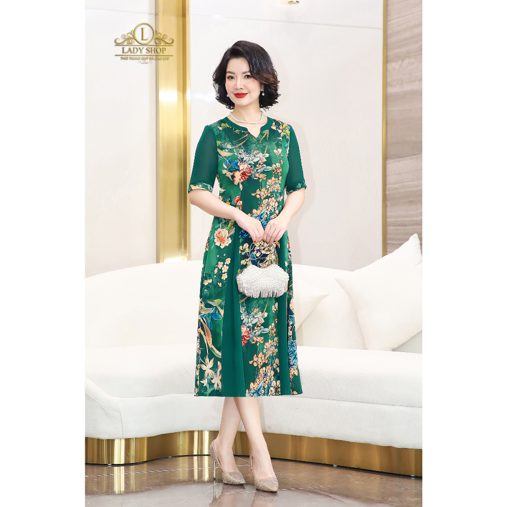 Đầm lụa cành hoa phối chiffon Ladyshop thời trang trung niên cao cấp T150