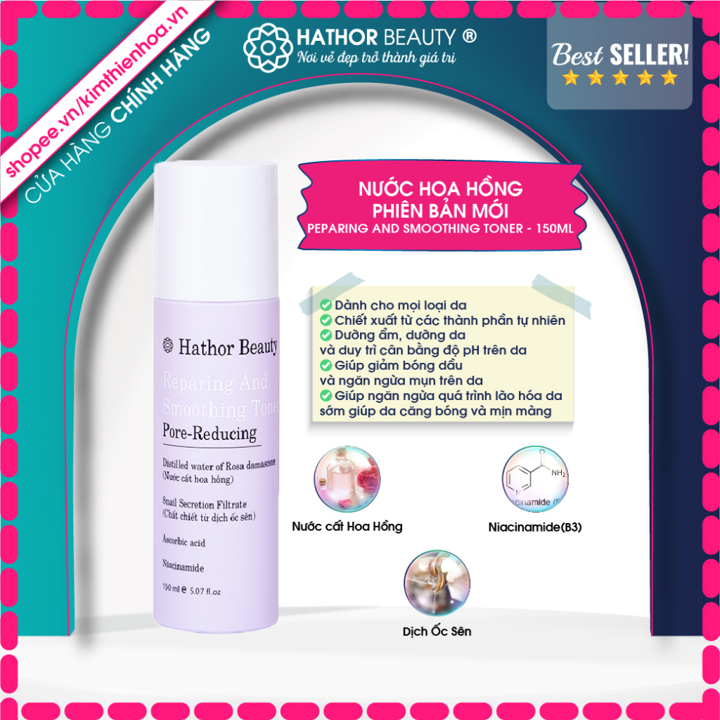 Nước hoa hồng chăm sóc da mụn, căng bóng REPARING AND SMOOTHING TONER 150ml Hathor Beauty - Kim Thiên Hoa