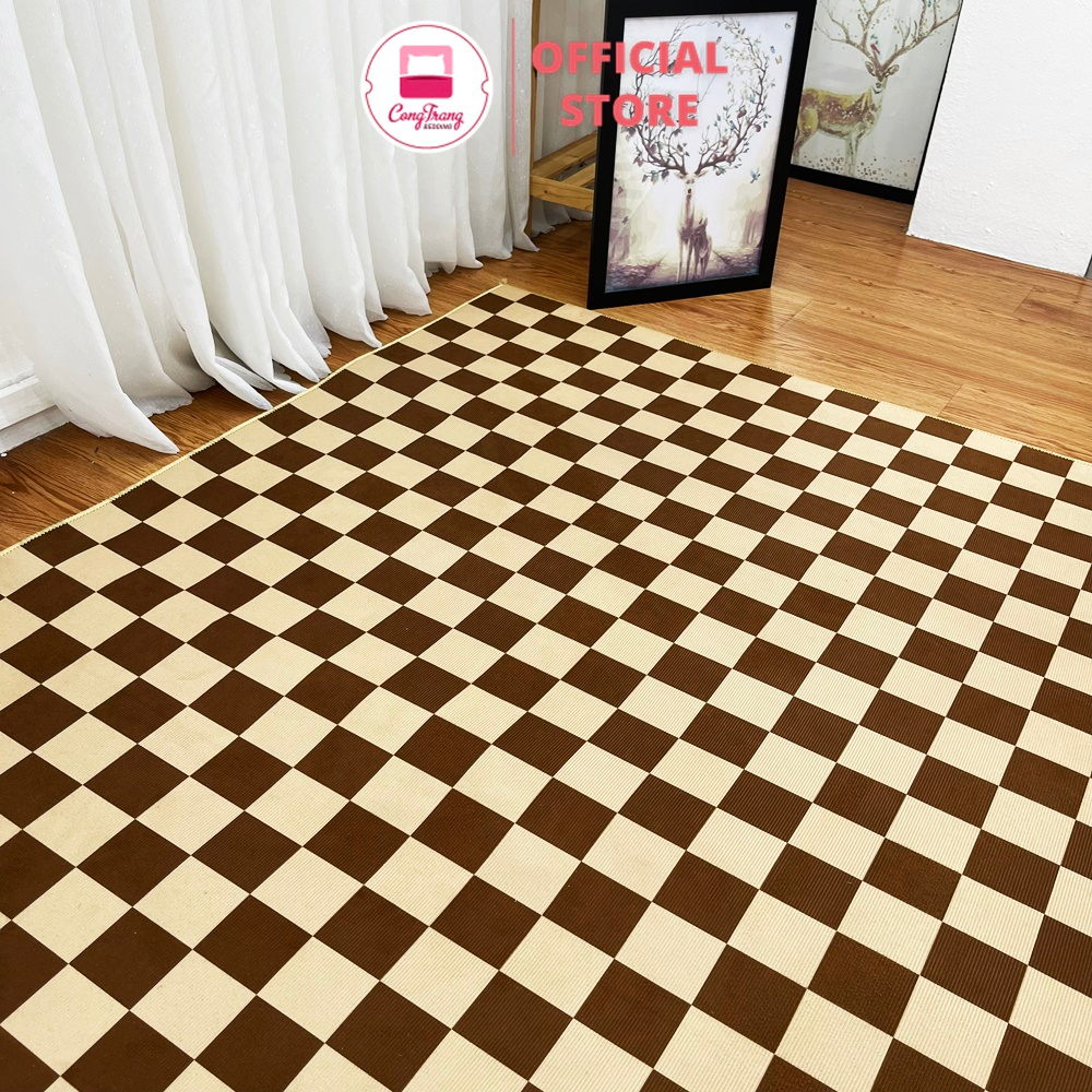 Thảm Trải Sàn Bali Hoạ Tiết Kẻ Caro Nâu Phong Cách Retro Hiện Đại Trải Phòng Khách, Phòng Ngủ Sang Trọng