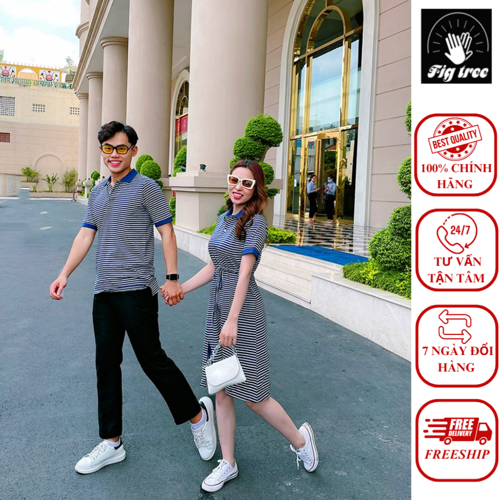 Set Áo Váy Đôi Thun Polo Fig Tree Sọc Xanh Siêu Chất Lượng Kèm Video Cận Cảnh