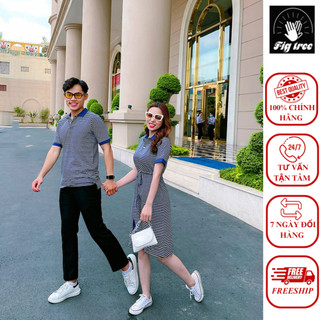 Set áo váy đôi thun polo fig tree sọc xanh siêu chất lượng kèm video cận cảnh