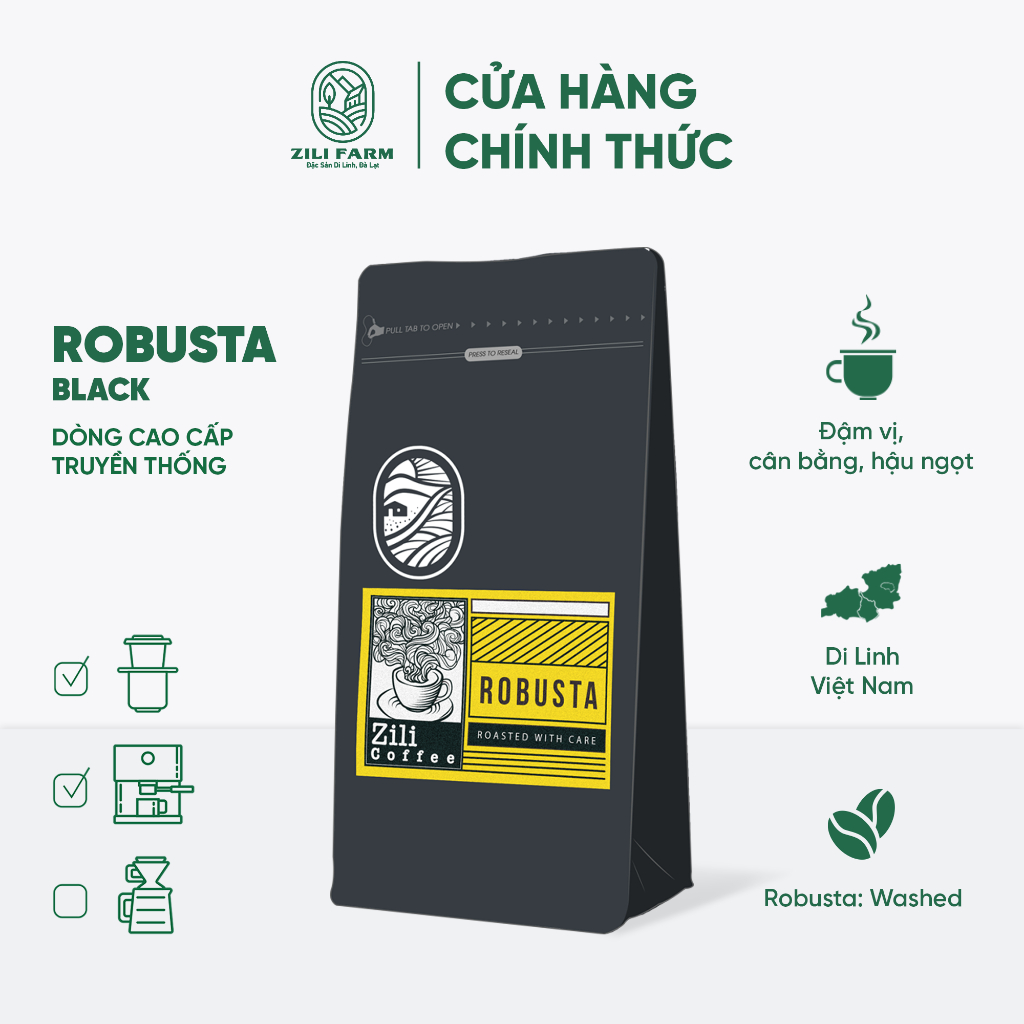 Cà Phê Robusta Nguyên Chất Rang Mộc ZILI COFFEE - ĐẬM VỊ, CÂN BẰNG, HẬU NGỌT [Túi 500g]