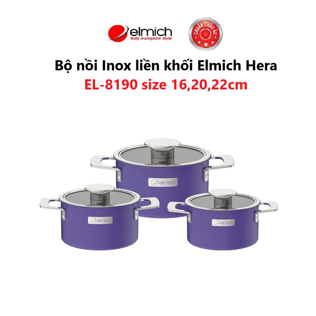[LIFEMCMBP4 -12% đơn 250K] Bộ nồi Inox liền khối Elmich Hera size 16,20,22cm( Màu : Xanh/ Tím/ Vàng )