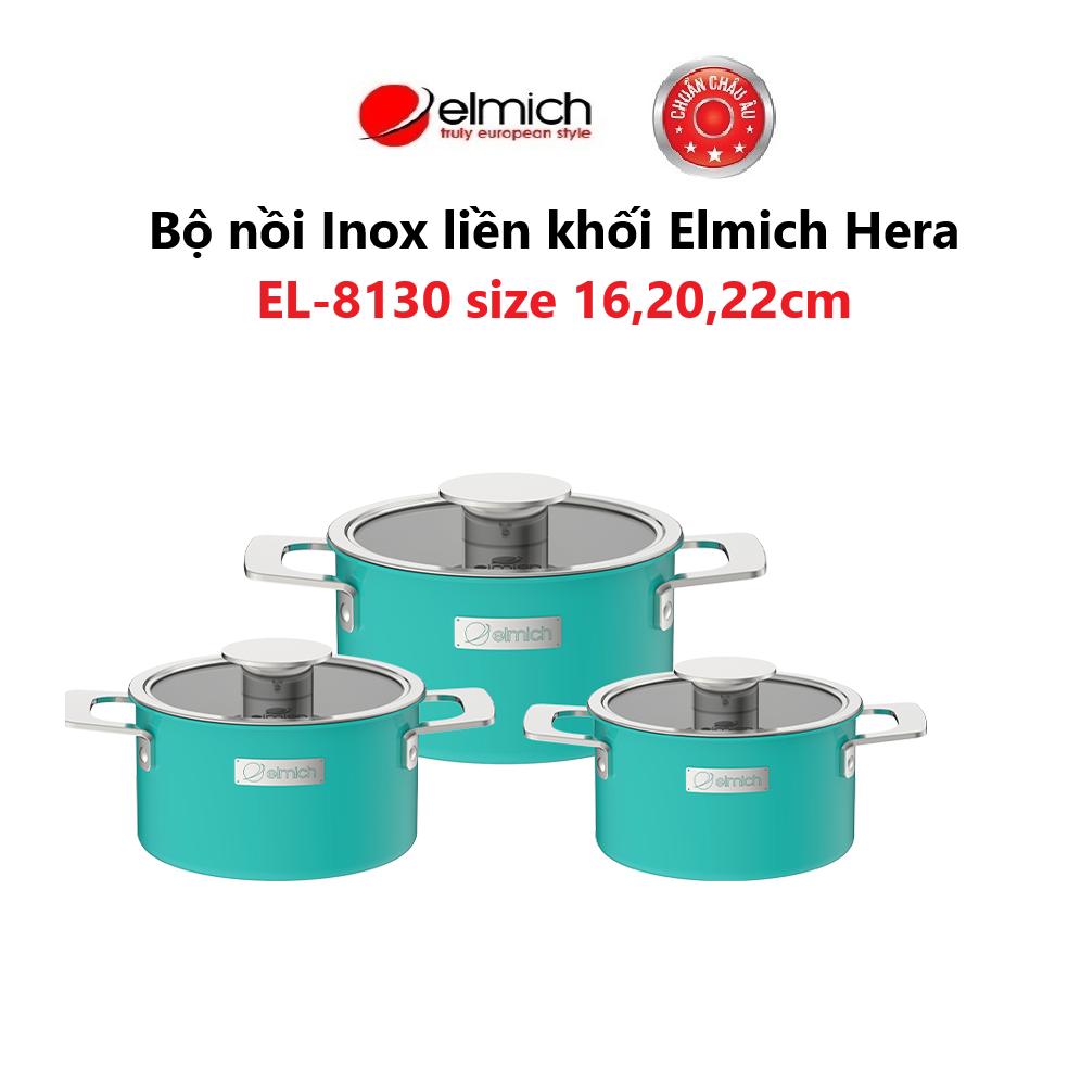 [LIFEMCMBP4 -12% đơn 250K] Bộ nồi Inox liền khối Elmich Hera size 16,20,22cm( Màu : Xanh/ Tím/ Vàng )