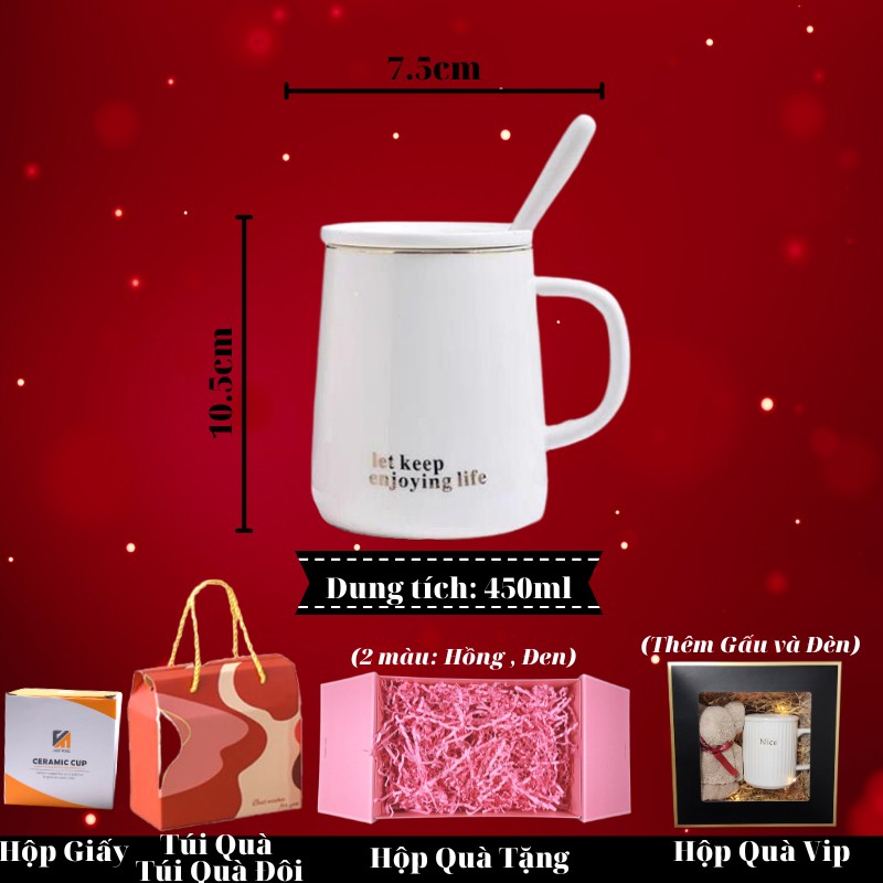 Cốc sứ LET KEEP ENJOYING LIFE - HÌNH THẬT, ly sứ IN HÌNH THEO YÊU CẦU CÓ NẮP và THÌA 400ml HỘP QUÀ TẶNG