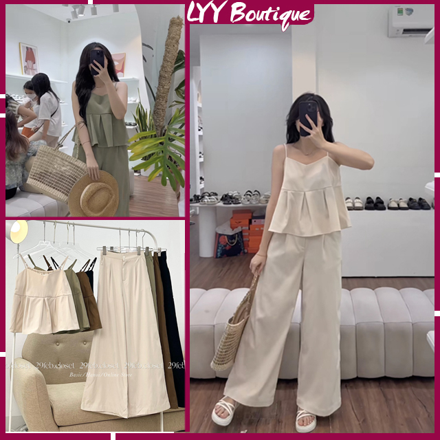 Set áo 2 dây peplum kèm quần suông culottes, bộ đồ nữ du lịch chất mát LYY BOUTIQUE