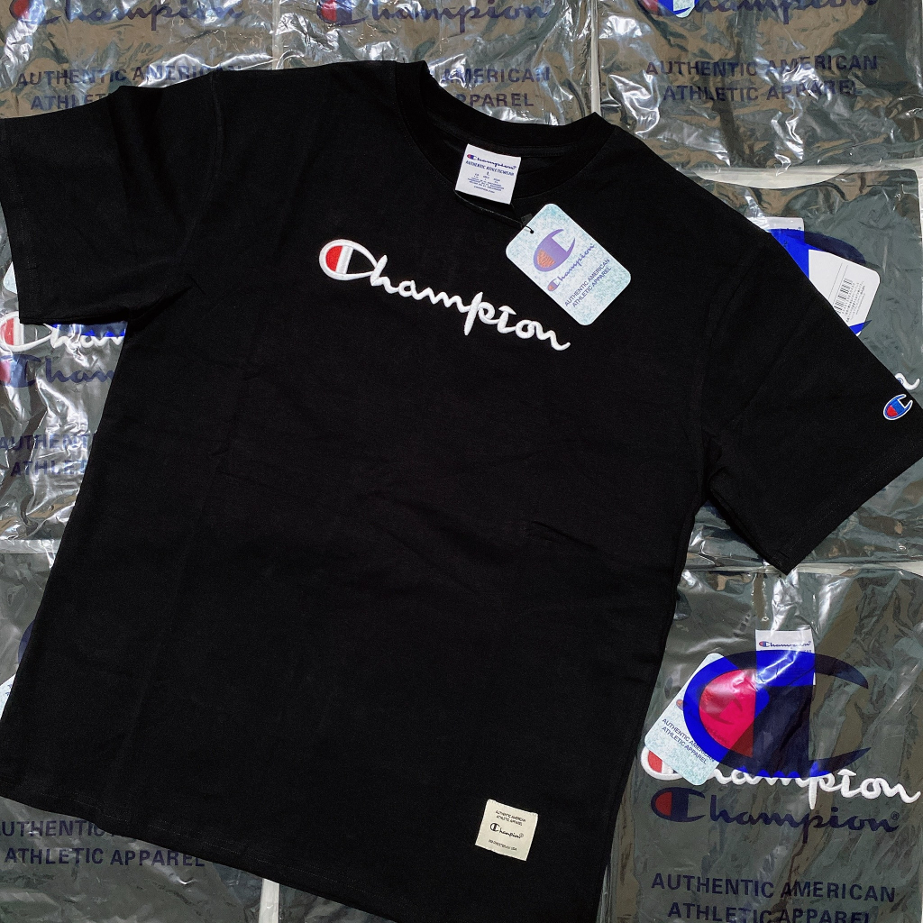 Áo champion chữ thêu nổi full tag mạc tay thêu logo Tee Plus