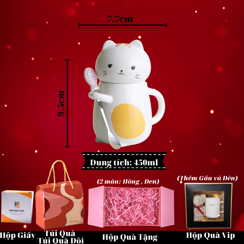 Ly sứ MÈO MAY MẮN - HÌNH THẬT, cốc sứ KHẮC  TÊN THEO YÊU CẦU CÓ NẮP và THÌA, dung tích 400ml HỘP QUÀ TẶNG