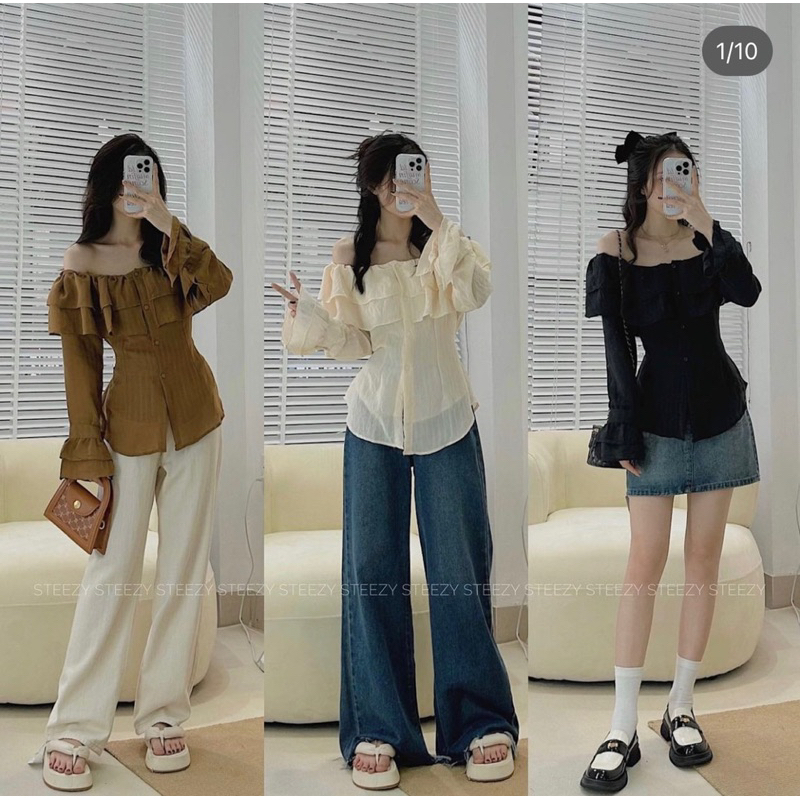 [NEW]ÁO SƠMI TRỄ VAI BÈO TẦNG TAY LOE CÚC DÓC XẺ TRƯỚC tiều thư