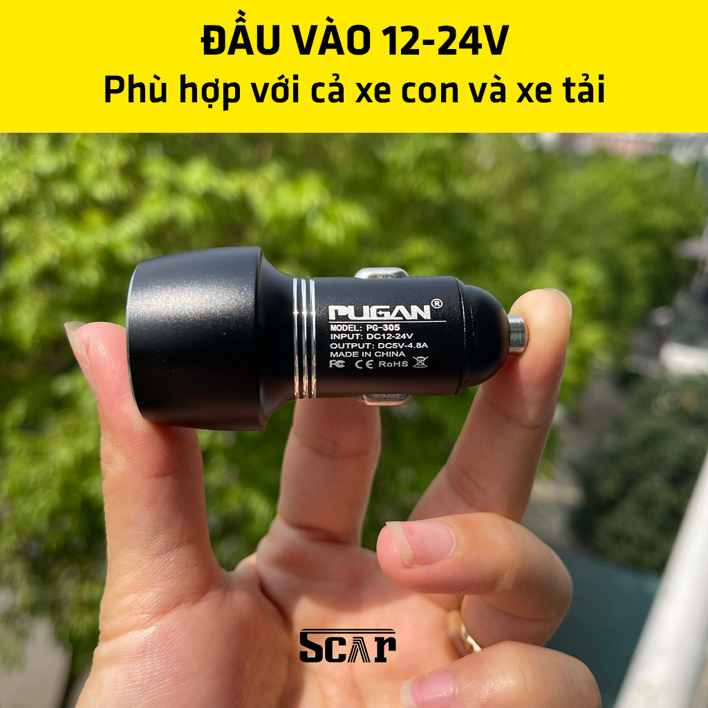 Tẩu sạc ô tô xe hơi PUGAN gồm 1 cổng USB-C tích hợp sạc nhanh và cổng USB 4.8A Tặng kèm dây sạc 3 đầu | BigBuy360 - bigbuy360.vn