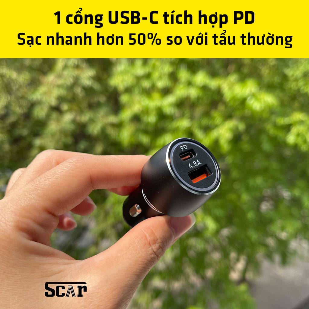 Tẩu sạc ô tô xe hơi PUGAN gồm 1 cổng USB-C tích hợp sạc nhanh và cổng USB 4.8A Tặng kèm dây sạc 3 đầu | BigBuy360 - bigbuy360.vn