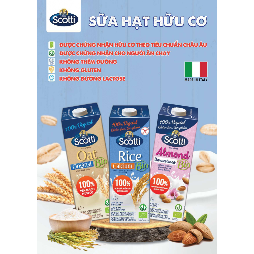 Combo 5 Hộp Sữa Yến mạch hữu cơ Cacao Riso Scotti- Oat Cacao hộp 1L