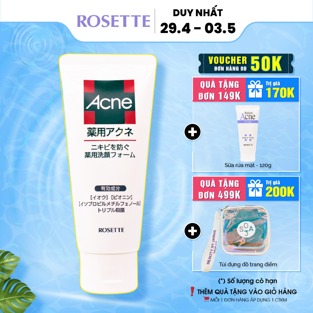 Sữa Rửa Mặt Tạo Bọt Dành Cho Da Mụn Rosette Acne Face Wash 130G
