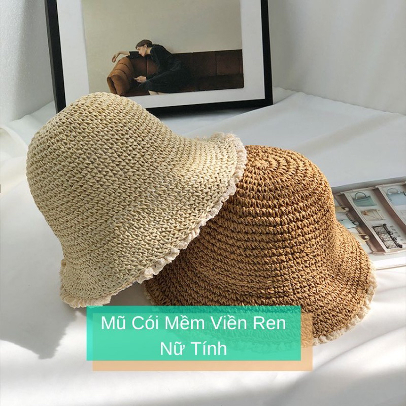 Mũ cói viền ren, Mũ cói đan tay viền ren, Mũ cói đi biển siêu mềm dễ gấp gọn mang đi chơi đi du lịch