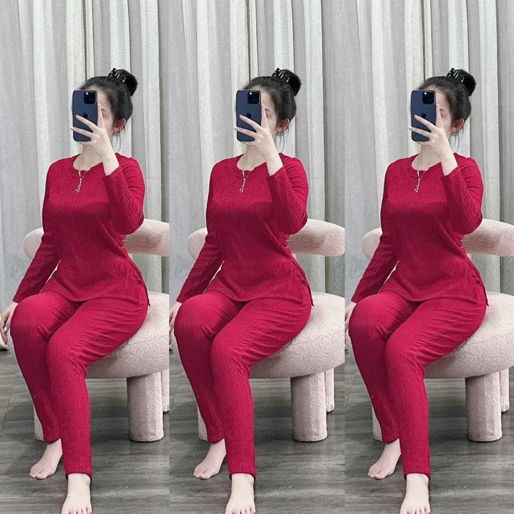 [5,5 Sales Freeship] Set bộ xốp thái màu trơn mặc nhà thoải mái,set áo cổ tròn tay dài xẻ tà 2 bên phối quần ôm dài TH