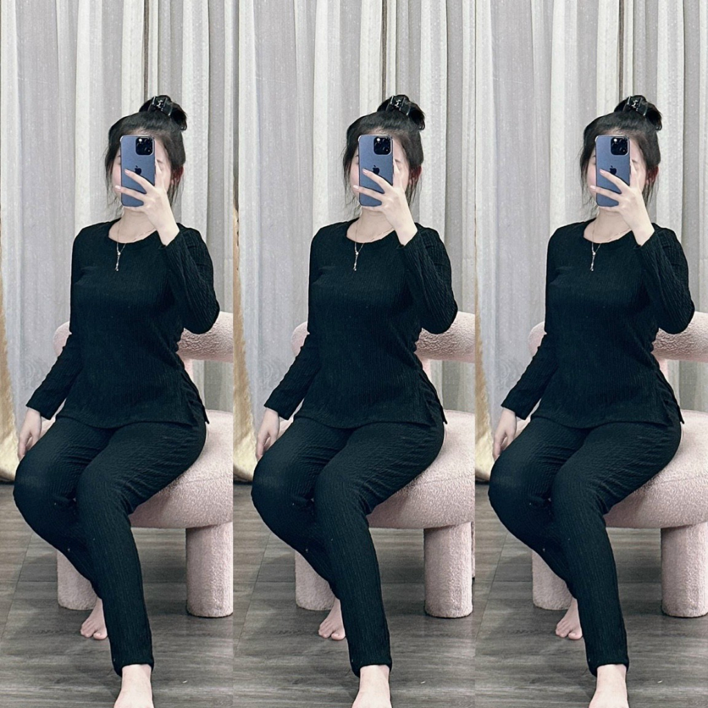 [5,5 Sales Freeship] Set bộ xốp thái màu trơn mặc nhà thoải mái,set áo cổ tròn tay dài xẻ tà 2 bên phối quần ôm dài TH