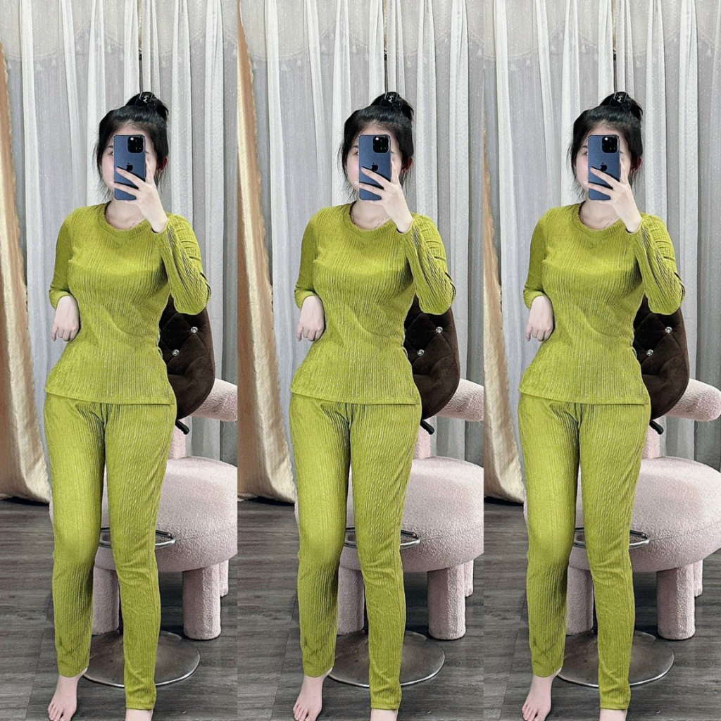 [5,5 Sales Freeship] Set bộ xốp thái màu trơn mặc nhà thoải mái,set áo cổ tròn tay dài xẻ tà 2 bên phối quần ôm dài TH