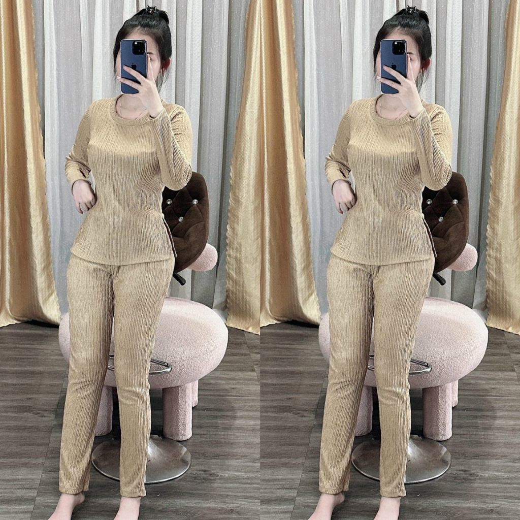 [5,5 Sales Freeship] Set bộ xốp thái màu trơn mặc nhà thoải mái,set áo cổ tròn tay dài xẻ tà 2 bên phối quần ôm dài TH