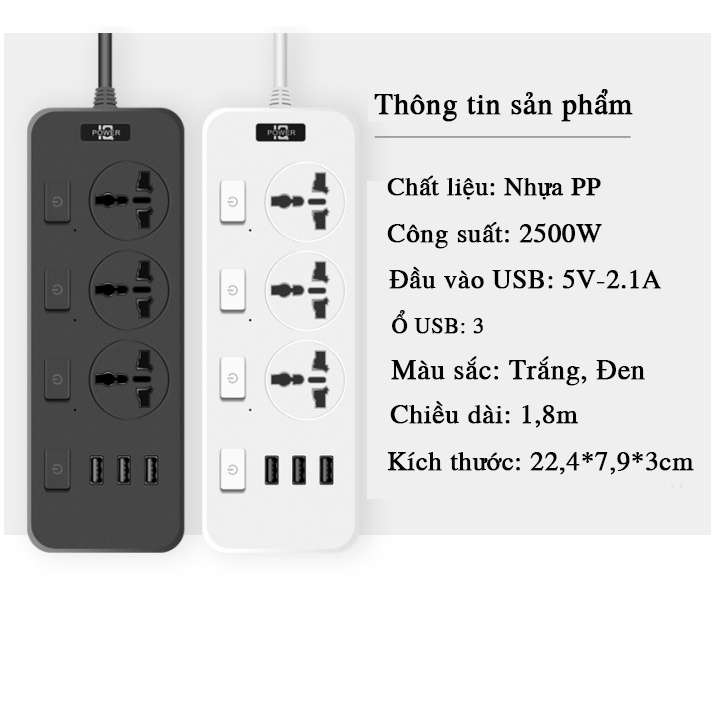 Ổ Cắm Điện Đa Năng Thông Minh 3 Cổng USB Sạc Nhanh 5V-2.1A Công Suất 2500W Nhựa PP Chống Cháy Dây Nối 1,8M