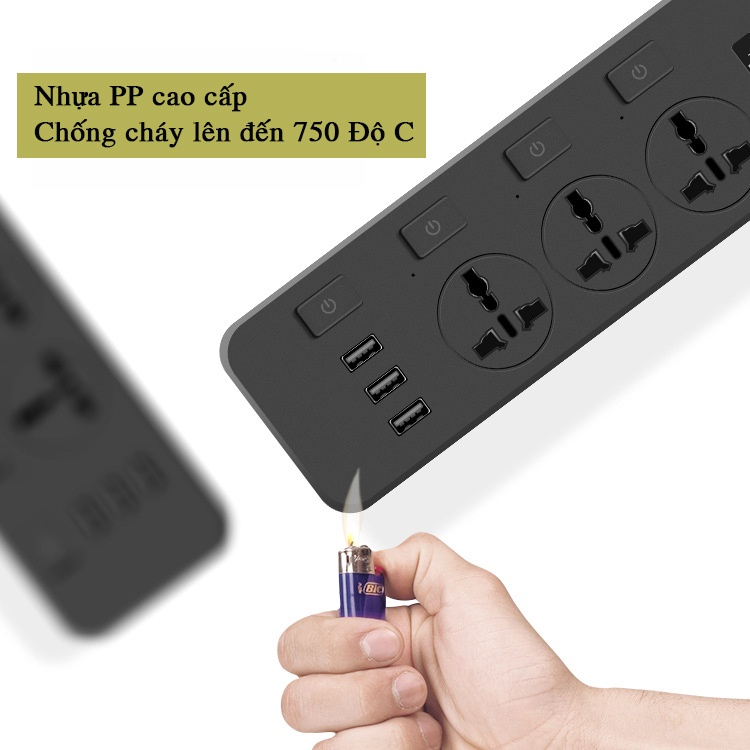 Ổ Cắm Điện Đa Năng Thông Minh 3 Cổng USB Sạc Nhanh 5V-2.1A Công Suất 2500W Nhựa PP Chống Cháy Dây Nối 1,8M