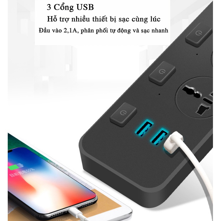 Ổ Cắm Điện Đa Năng Thông Minh 3 Cổng USB Sạc Nhanh 5V-2.1A Công Suất 2500W Nhựa PP Chống Cháy Dây Nối 1,8M