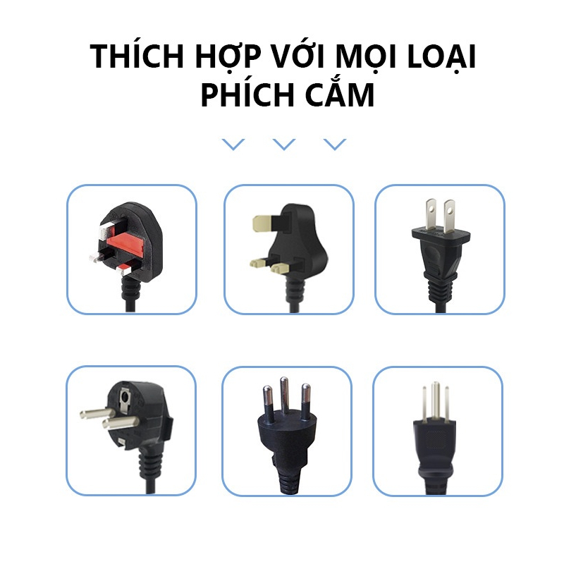 Ổ Cắm Điện Đa Năng Thông Minh 3 Cổng USB Sạc Nhanh 5V-2.1A Công Suất 2500W Nhựa PP Chống Cháy Dây Nối 1,8M