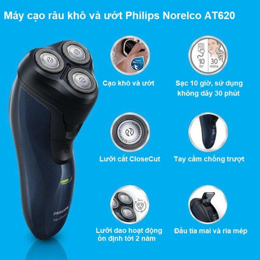 Máy cạo râu ướt và khô cao cấp thương hiệu Philips AT620 - Công Suất: 2W - Hàng Nhập Khẩu