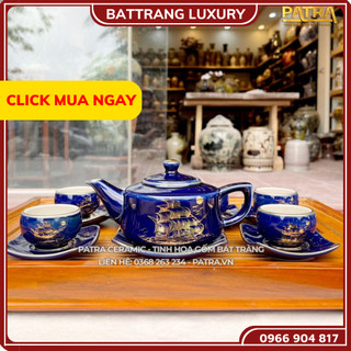 Bộ ấm chén uống trà bộ ấm chén bát tràng cao cấp - thuận buồm xuôi gió xanh coban