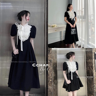 Váy cổ ren thắt nơ dáng dài tiểu thư_Tiệm của Ả