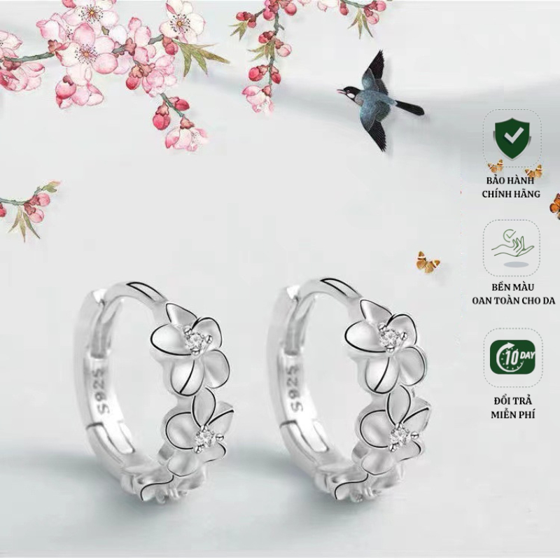 Khuyên Tai Bạc Nữ TQJ-KE25 Bông Tai Tròn Cành Hoa Anh Đào Sang Trọng Cá Tính