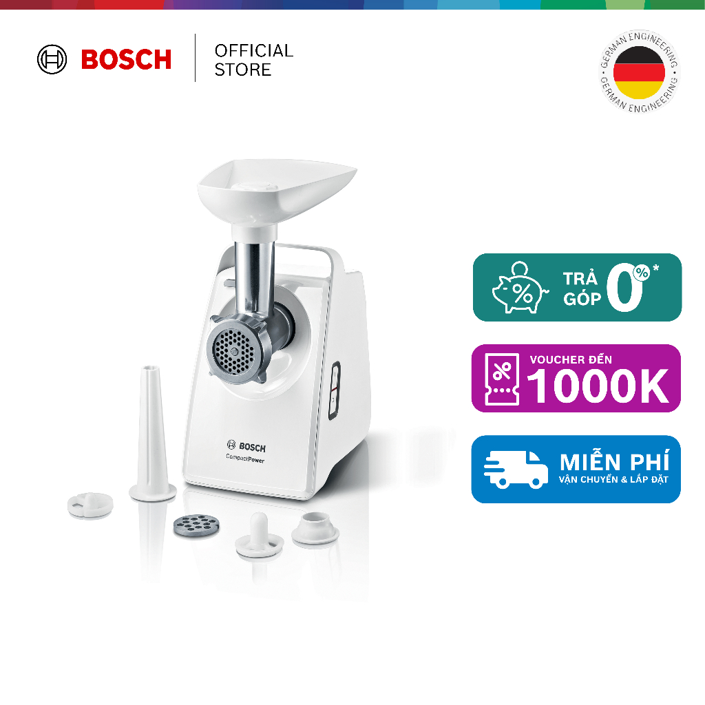 Máy xay thịt Bosch MFW3520W 500W (Trắng) - Hàng chính hãng, 7 phụ kiện đi kèm, CompactPower