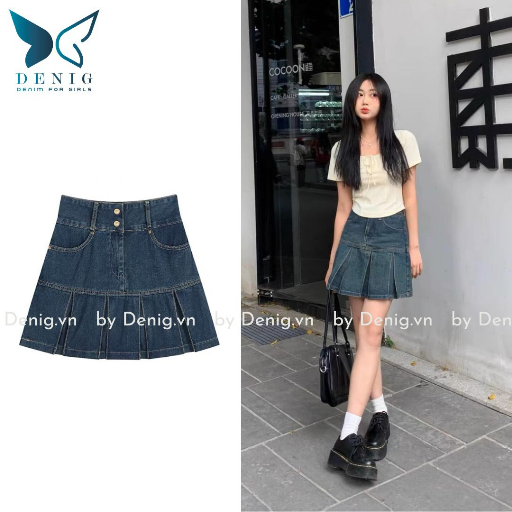 Chân váy jean cạp cao hai cúc xếp ly bản to DENIG