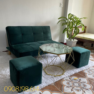 Bộ sofa phòng khách nhỏ gọn - combo ghế sofa bed 1,2m có bàn kim cương và ghế đôn vải nhung hồng