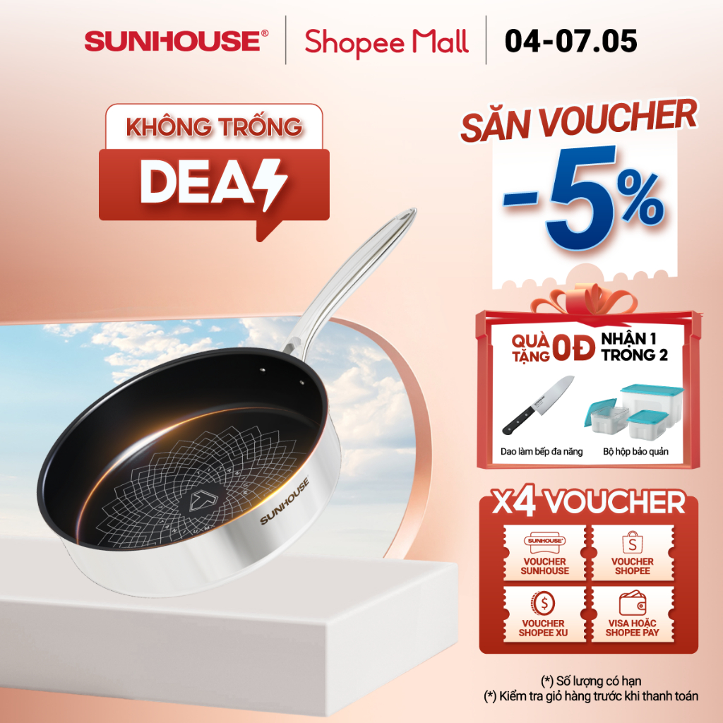 Chảo Inox 3 lớp Ultra Titanium SUNHOUSE STI18-22-26M