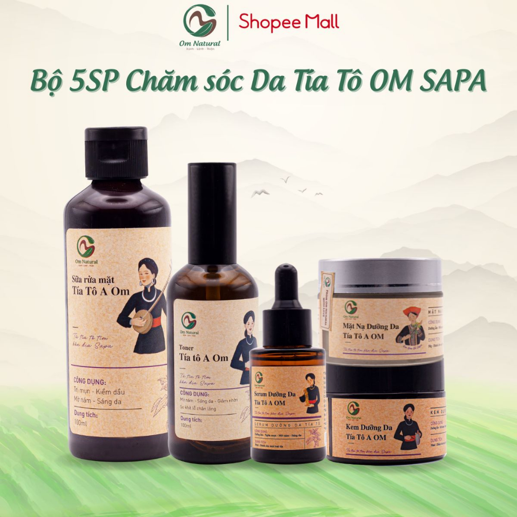 Combo 5 món chăm sóc dưỡng da toàn diện OM Natural chiết xuất Tía tô Sữa rửa mặt+Toner + Serum + Kem dưỡng + Mặt nạ 100g