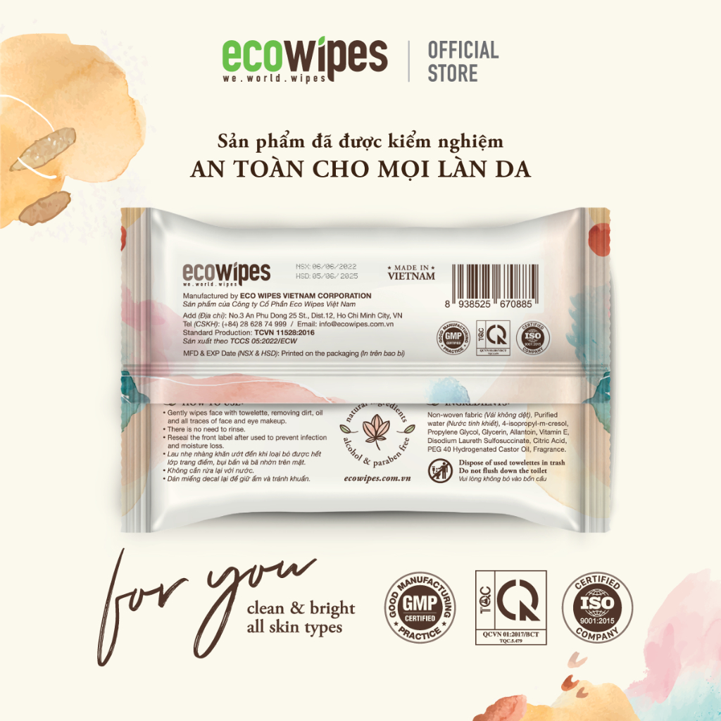 Combo For Girl gồm khăn ướt tẩy trang gói 25 tờ và khăn giấy ướt phụ khoa EcoWipes gói 10 tờ