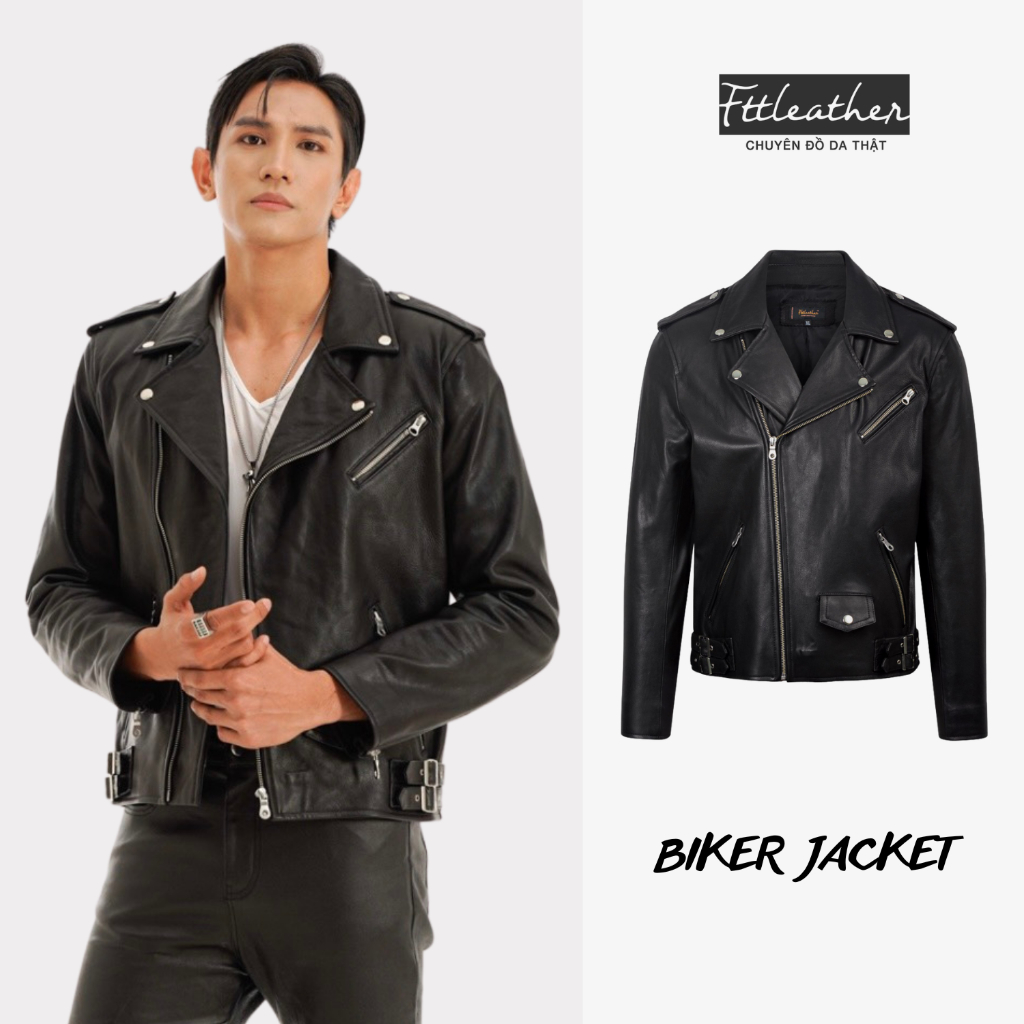 Áo da nam da dê Ftt Leather Biker Jacket suông phối đai hông màu đen