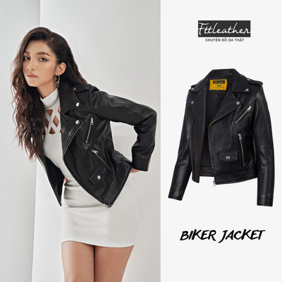 Áo Da Nữ Da Cừu FTT Leather Biker Jacket Cúc Khoá Trắng Cao Cấp, Trẻ Trung