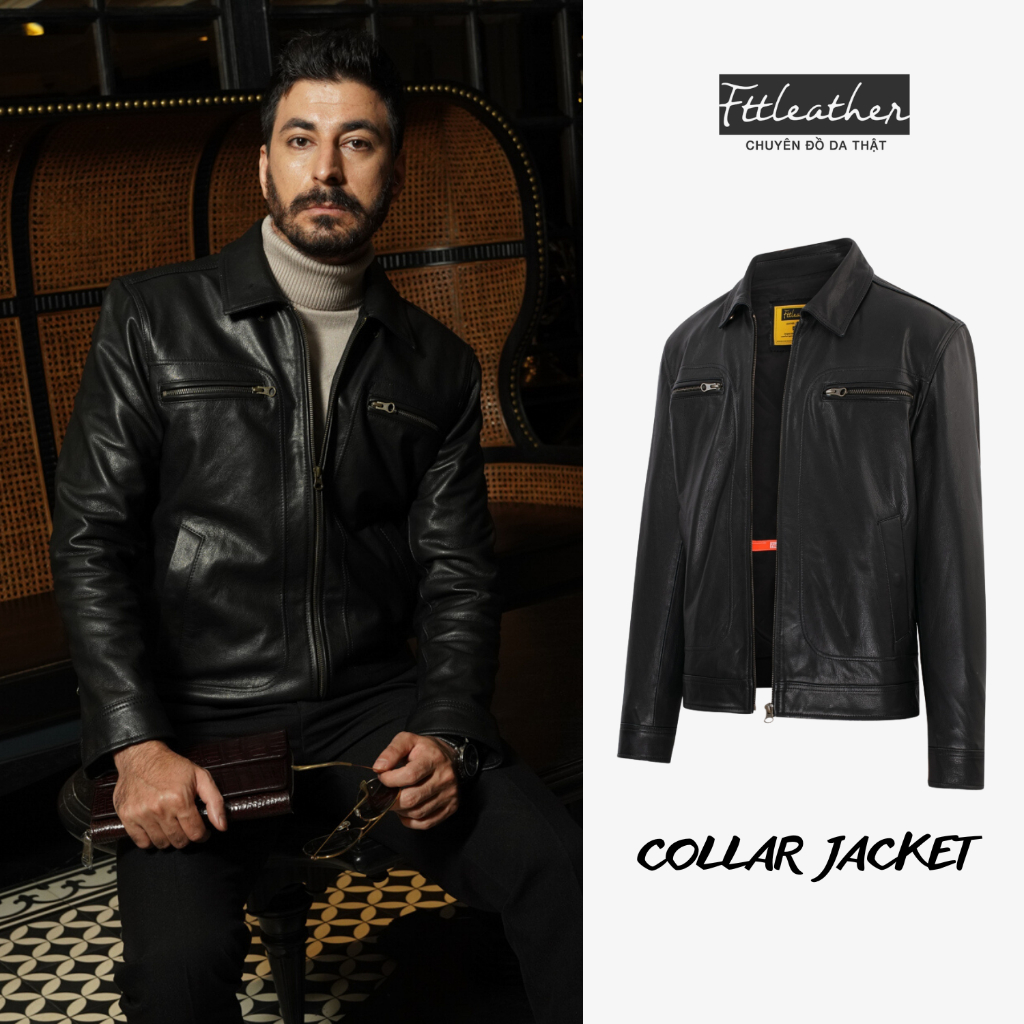 Áo khoác da nam FTT Leather Motor Jacket da dê cổ bẻ hai khóa ngực gân nổi 100% da thật